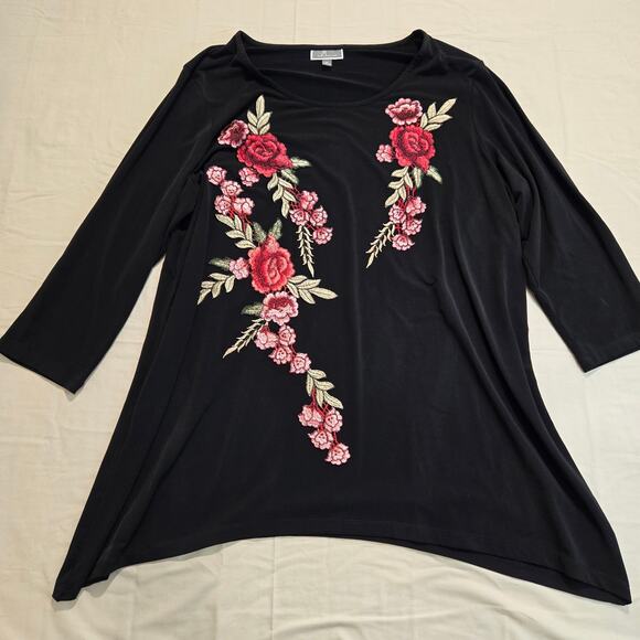 JM Collection Floral Embroidered Tunic Top Handkerchief Hem Sz XL Holidays - Picture 1 of 10